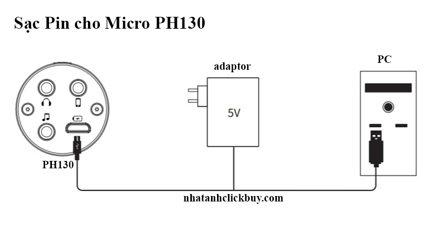 Sơ đồ kết nối micro PH130 với nguồn điện để tiến hành sạc phin cho micro